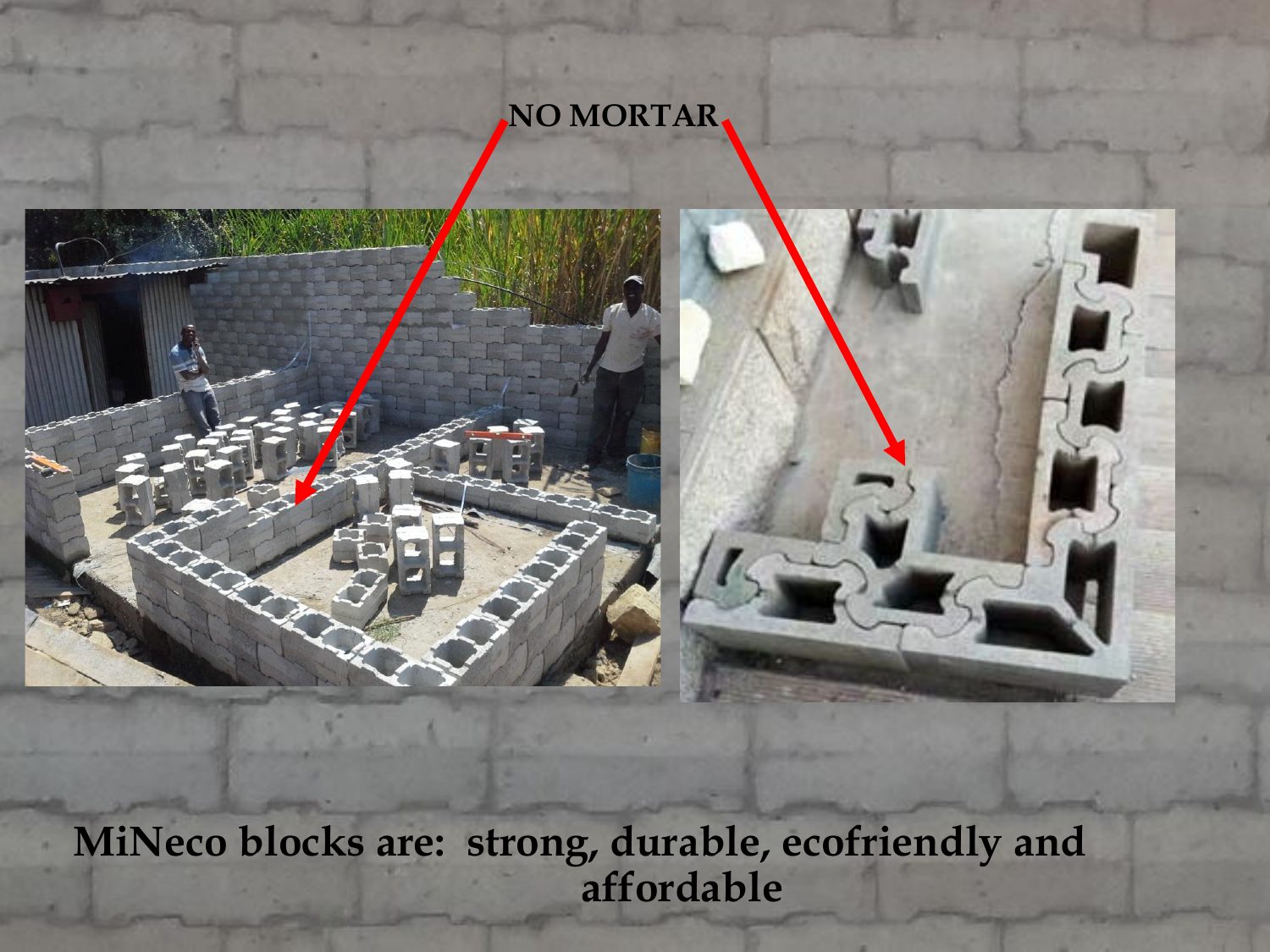 MiNeco interlocking blocks being laid without mortar, and a close-up of the interlocking joint