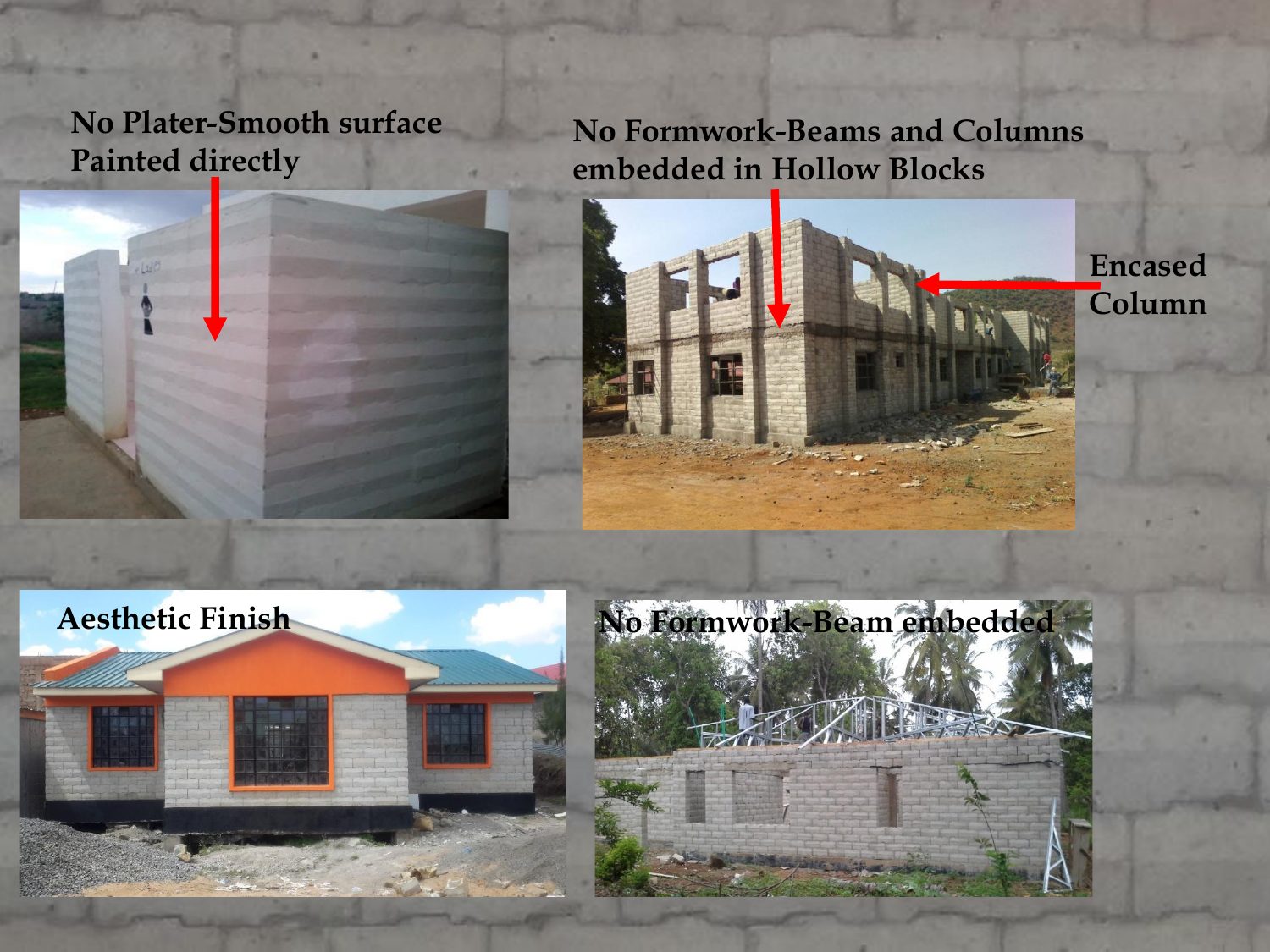 Wall finished smooth and painted directly with no plaster, and columns cast inside hollow blocks with no formwork